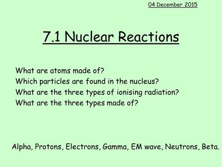7.1 Nuclear Reactions What are atoms made of? Which particles are found in the nucleus? What are the three types of ionising radiation? What are the three.