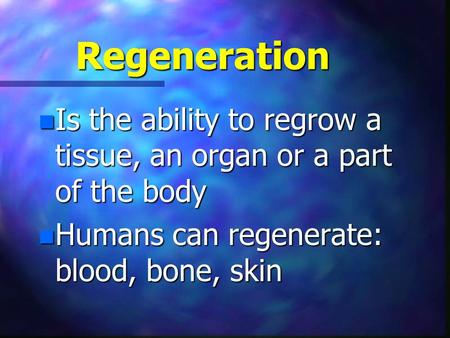 Regeneration n Is n Is the ability to regrow a tissue, an organ or a part of the body n Humans n Humans can regenerate: blood, bone, skin.