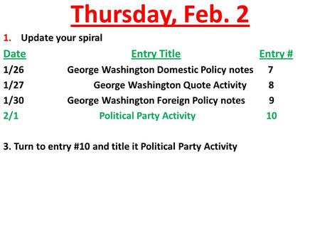 Thursday, Feb. 2 1. Update your spiral DateEntry TitleEntry # 1/26George Washington Domestic Policy notes 7 1/27 George Washington Quote Activity 8 1/30George.