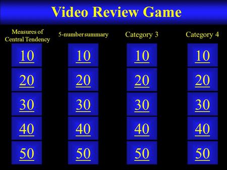 Video Review Game 50 40 10 20 30 50 40 10 20 30 50 40 10 20 30 50 40 10 20 30 5-number summary Measures of Central Tendency Category 3Category 4.