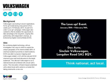 Quote to define campaign goes here – can run to two lines. VOLKSWAGEN Love Up! Volkswagen was looking to boost registrations for its up! model during a.