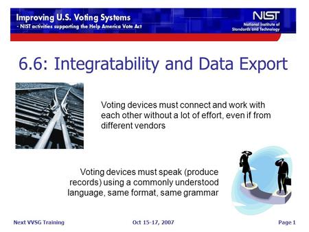 Oct 15-17, 2007 6.6: Integratability and Data Export Page 1Next VVSG Training Voting devices must speak (produce records) using a commonly understood language,