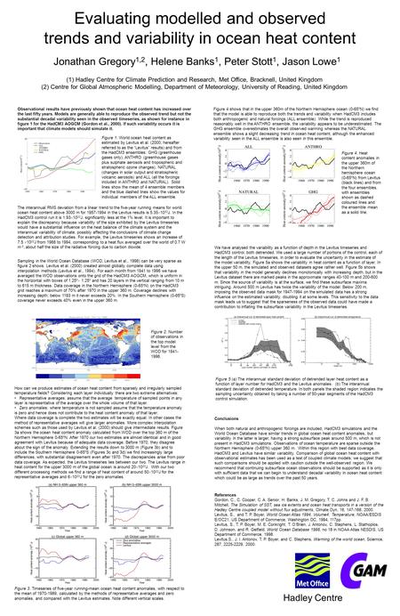 Hadley Centre Evaluating modelled and observed trends and variability in ocean heat content Jonathan Gregory 1,2, Helene Banks 1, Peter Stott 1, Jason.
