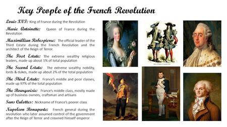 Key People of the French Revolution Louis XVI: King of France during the Revolution Marie Antoinette: Queen of France during the Revolution Maximillian.