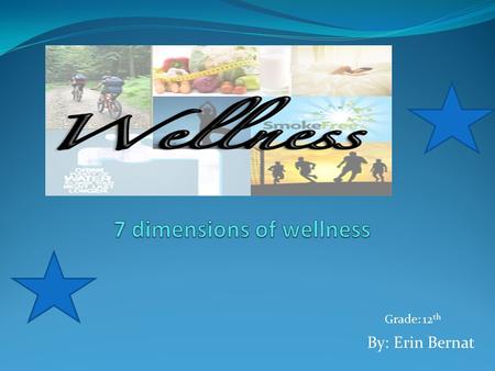 By: Erin Bernat Grade: 12 th What is wellness? It’s more then one dimension A personal way of thinking and living Never static always changing Focus’s.