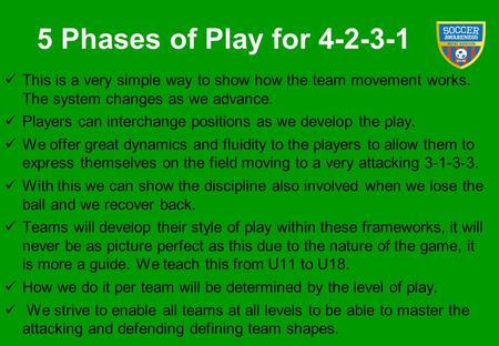 5 Phases of Play for 4-2-3-1 This is a very simple way to show how the team movement works. The system changes as we advance. Players can interchange.