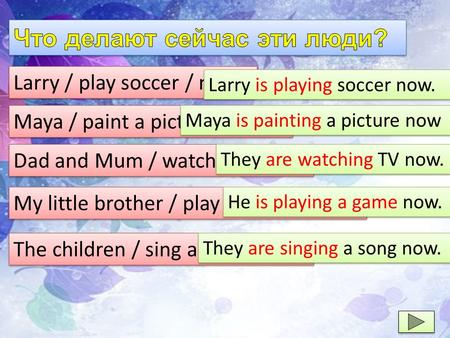 Larry / play soccer / now. Larry is playing soccer now. Maya / paint a picture / now. Maya is painting a picture now Dad and Mum / watch TV / now. They.