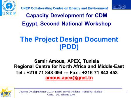 UNEP Collaborating Centre on Energy and Environment Capacity Development for CDM - Egypt, Second National Workshop - Phase II - Cairo, 12-13 January 2004.