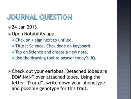  24 Jan 2013  Open Notability app.  Click on + sign next to unfiled.  Title it Science. Click done on keyboard.  Tap on Science and create a new note.