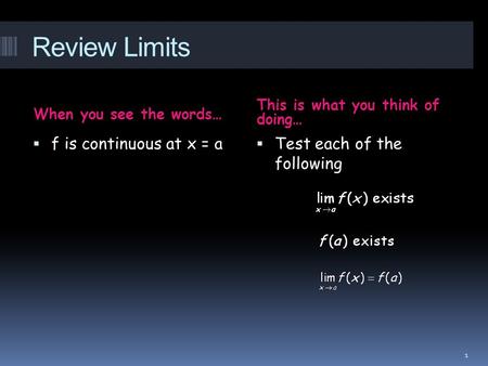 Review Limits When you see the words… This is what you think of doing…  f is continuous at x = a  Test each of the following 1.