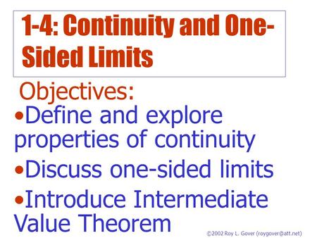 1-4: Continuity and One-Sided Limits