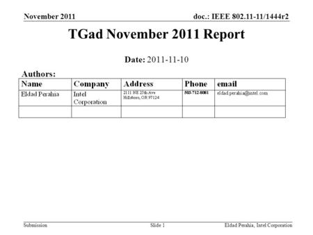 Doc.: IEEE 802.11-11/1444r2 Submission November 2011 Eldad Perahia, Intel CorporationSlide 1 Date: 2011-11-10 Authors: TGad November 2011 Report.