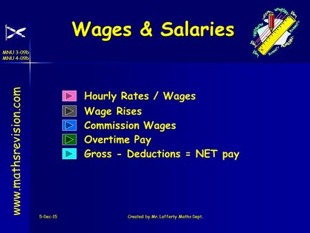 MNU 3-09b MNU 4-09b 5-Dec-15Created by Mr. Lafferty Maths Dept. Wages & Salaries Hourly Rates / Wages www.mathsrevision.com Wage Rises Commission Wages.