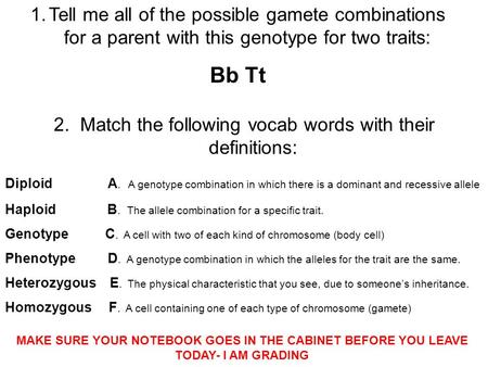 1.Tell me all of the possible gamete combinations for a parent with this genotype for two traits: Bb Tt 2. Match the following vocab words with their definitions: