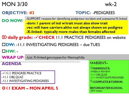 MON 3/30 wk-2 OBJECTIVE: #3 TOPIC: -PEDIGREES DO NOW :  daily grade: - CHECK 11.1 PRACTICE PEDIGREES on website  DW: -11.1 INVESTIGATING PEDIGREES –