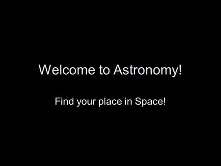Welcome to Astronomy! Find your place in Space!. Astronomy The study of the Moon, Stars, and other objects in space.