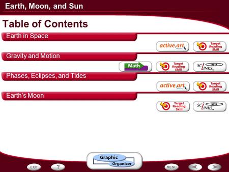 Earth, Moon, and Sun Earth in Space Gravity and Motion Phases, Eclipses, and Tides Earth’s Moon Table of Contents.