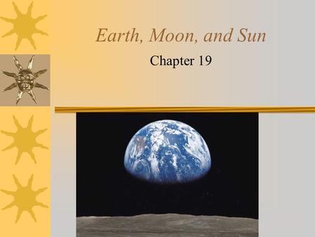 Earth, Moon, and Sun Chapter 19. Earth in Space 19-1 Astronomy study of objects beyond the Earth’s atmosphere. One of the oldest sciences Ancient people.