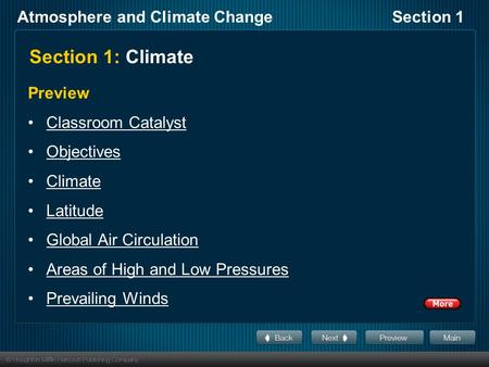 Atmosphere and Climate ChangeSection 1 Section 1: Climate Preview Classroom Catalyst Objectives Climate Latitude Global Air Circulation Areas of High and.