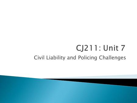 Civil Liability and Policing Challenges.  Any questions about anything before we begin?  Unit 7: Seminar, Discussion, Quiz, and Unit 7 Project Chapters.