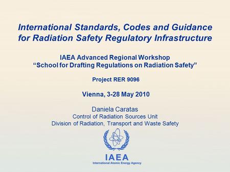 IAEA International Atomic Energy Agency International Standards, Codes and Guidance for Radiation Safety Regulatory Infrastructure IAEA Advanced Regional.
