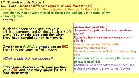 LO: To analyse Lady Macbeth LGs: I can – consider different aspects of Lady Macbeth (all) - compare Lady Macbeth at the beginning of the play to the end.