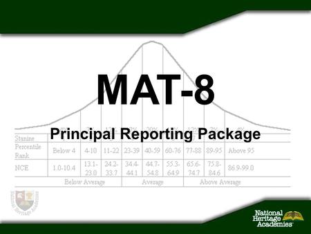 Principal Reporting Package MAT-8. Issues What you’ve had –Standard hard copy reports from Harcourt What you’ve been missing –Data in a spreadsheet format.