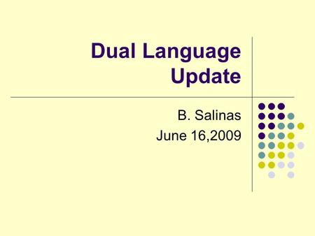 Dual Language Update B. Salinas June 16,2009. Dual Language Update 2008-2009 Currently SISD has a 2 way 50/50 program English and Spanish speaking students.