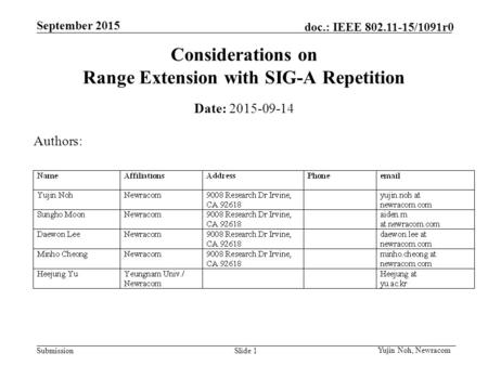Submission September 2015 doc.: IEEE 802.11-15/1091r0 September 2015 Considerations on Range Extension with SIG-A Repetition Date: 2015-09-14 Authors: