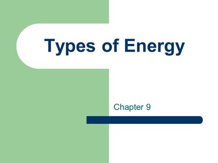 Types of Energy Chapter 9. What is Energy? Energy is the ability to do work.