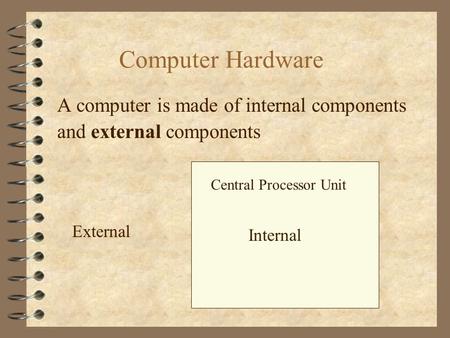 Computer Hardware A computer is made of internal components Central Processor Unit Internal External and external components.