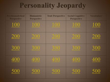 Personality Jeopardy Psychoanalytical Perspective Humanistic Perspective Trait PerspectiveSocial Cognitive Perspective Vocabulary 100 200 300 400 500.