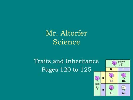 Mr. Altorfer Science Traits and Inheritance Pages 120 to 125.