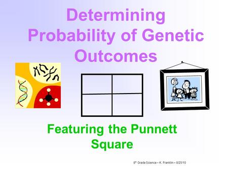 Determining Probability of Genetic Outcomes Featuring the Punnett Square 8 th Grade Science – K. Franklin – 8/25/10.