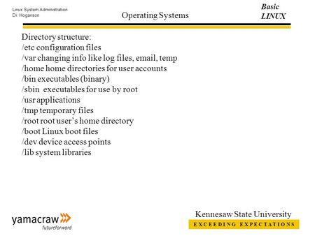 E X C E E D I N G E X P E C T A T I O N S Basic LINUX Linux System Administration Dr. Hoganson Kennesaw State University Operating Systems Directory structure: