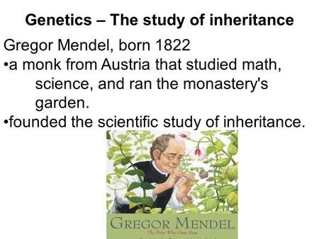 Genetics – The study of inheritance Gregor Mendel, born 1822 a monk from Austria that studied math, science, and ran the monastery's garden. founded the.