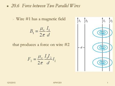 APHY201 12/5/2015 1 20.6 Force between Two Parallel Wires   Wire #1 has a magnetic field that produces a force on wire #2.