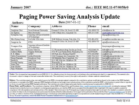 Doc.: IEEE 802.11-07/0058r0 Submission January 2007 Emily Qi et alSlide 1 Paging Power Saving Analysis Update Notice: This document has been prepared to.