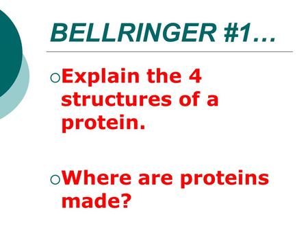 BELLRINGER #1…  Explain the 4 structures of a protein.  Where are proteins made?