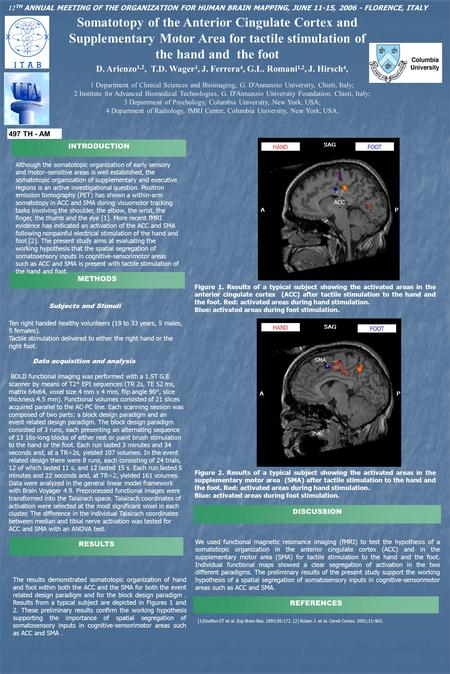 Somatotopy of the Anterior Cingulate Cortex and Supplementary Motor Area for tactile stimulation of the hand and the foot D. Arienzo 1,2, T.D. Wager 3,