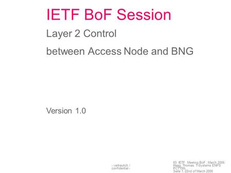 - vertraulich / confidential - 65. IETF Meeting BoF, March 2006 Haag, Thomas, T-Systems ENPS PCT15th Seite 1, 22nd of March 2006 IETF BoF Session Layer.