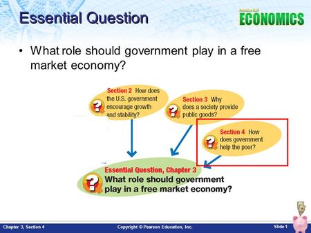 Slide 1 Copyright © Pearson Education, Inc.Chapter 3, Section 4 Essential Question What role should government play in a free market economy?