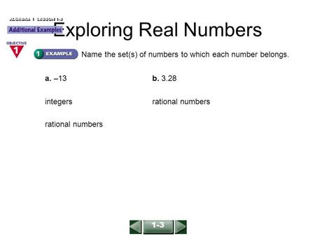Name the set(s) of numbers to which each number belongs. a. –13b. 3.28 integers rational numbers ALGEBRA 1 LESSON 1-3 Exploring Real Numbers 1-3.
