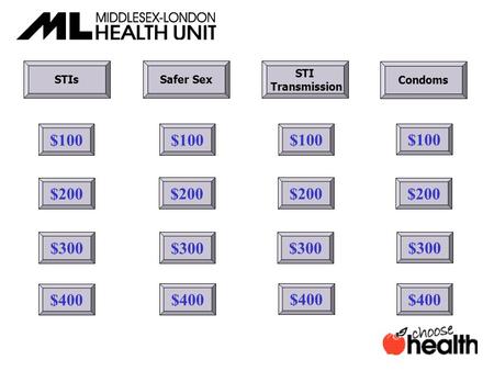 $400 $300 $200 $100 $400 $300 $200 $100 $400 $300 $200 $100 $400 $300 $200 $100 STIs Safer Sex STI Transmission Condoms.