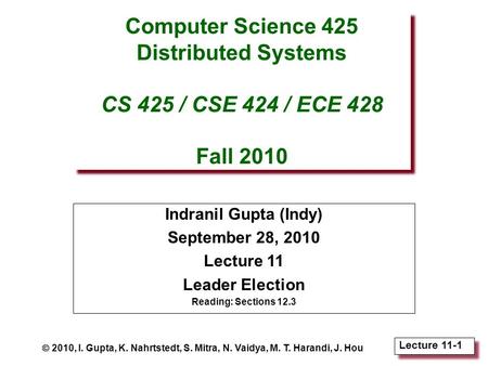 Lecture 11-1 Computer Science 425 Distributed Systems CS 425 / CSE 424 / ECE 428 Fall 2010 Indranil Gupta (Indy) September 28, 2010 Lecture 11 Leader Election.