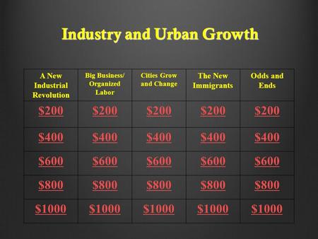 Industry and Urban Growth A New Industrial Revolution Big Business/ Organized Labor Cities Grow and Change The New Immigrants Odds and Ends $200 $400 $600.