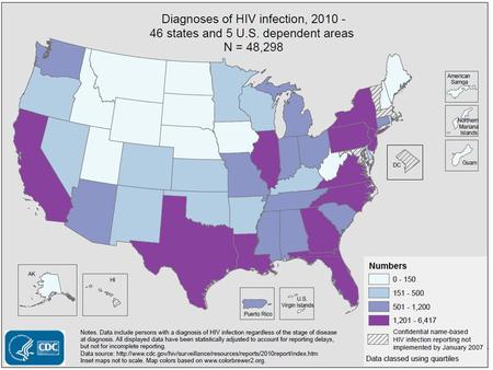 Slide 1: Diagnoses of HIV Infection, 2010 - 46 States and 5 U.S. Dependent Areas In 2010, in the 46 states and 5 U.S. dependent areas with confidential.