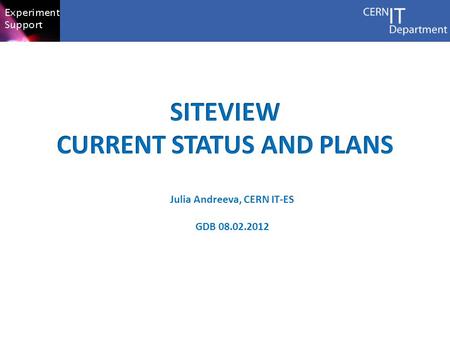Julia Andreeva, CERN IT-ES GDB 08.02.2012. Every experiment does evaluation of the site status and experiment activities at the site As a rule the state.