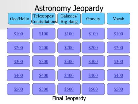 Astronomy Jeopardy $100 Geo/Helio Telescopes/ Constellations Galaxies/ Big Bang GravityVocab $200 $300 $400 $500 $400 $300 $200 $100 $500 $400 $300 $200.