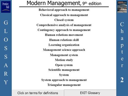 Chapter2Chapter2 GLOSSARYGLOSSARY EXIT Glossary Modern Management, 9 th edition Click on terms for definitions Behavioral approach to management Classical.